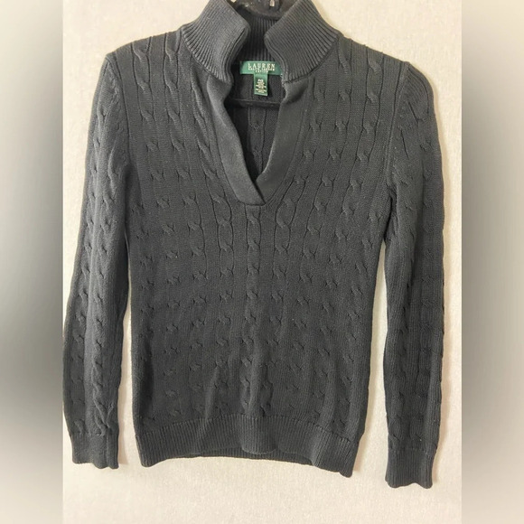 Lauren Ralph Lauren Sweaters - Lauren Ralph Lauren  classic black Cable Knit V-neck Collar Sweater Sz PXS